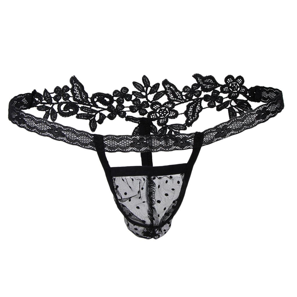 2xMen Sheer Mesh Lace Bulge Pouch T-back Thong Brief G-string Underwear Black