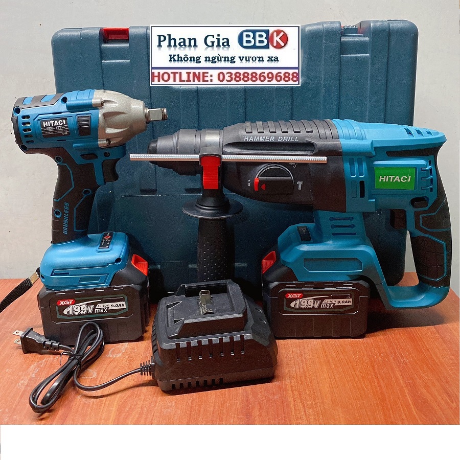 Bộ Combo 2 Trong 1 Gồm Máy Khoan Đục Bê Tông Và Bulong Dùng Pin 199V 2 Pin 15 Cell - Máy Khoan Siêu Khỏe