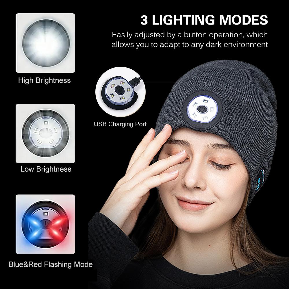 Mũ phát nhạc BT không dây LED dệt kim với 3 chế độ ánh sáng để cắm trại trượt tuyết chạy