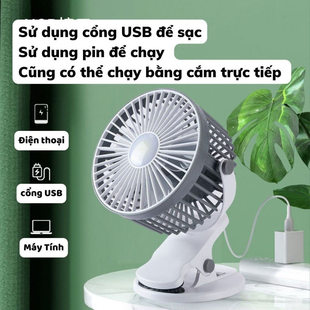 Quạt Kẹp Bàn Pin Sạc Có Đèn Led 3 Chế Độ Siêu Mát Xoay 720 Độ