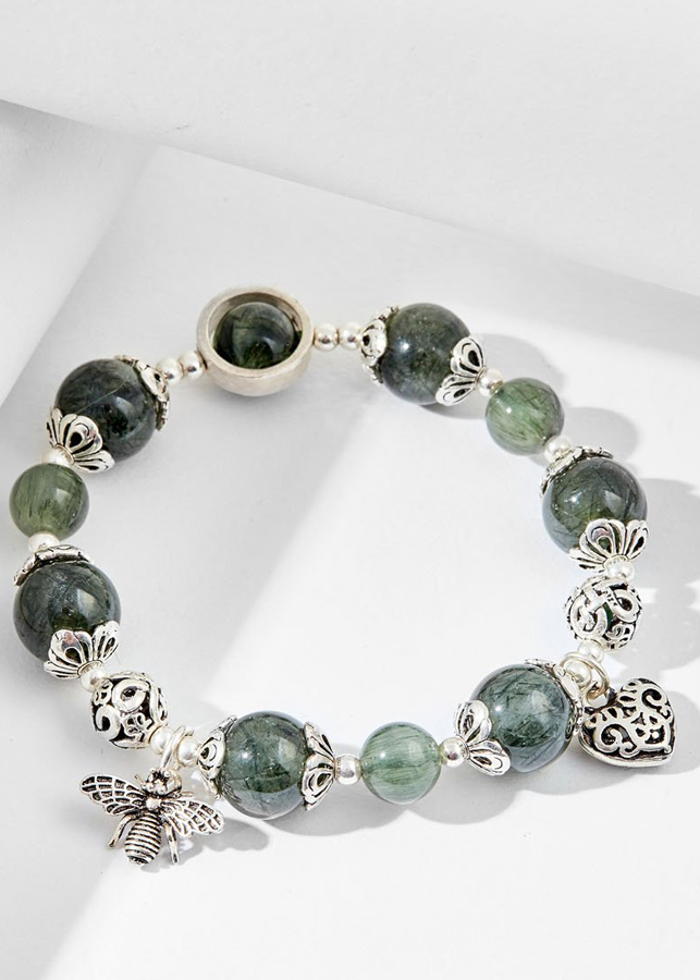 Vòng tay thạch anh tóc xanh charm trái tim bạc Ngọc Quý Gemstones