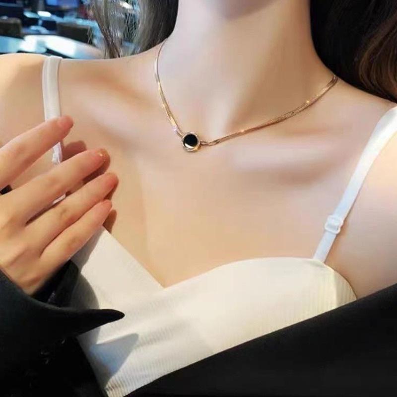 Dây chuyền nữ choker dây mì mặt tròn đen đẹp Ring House