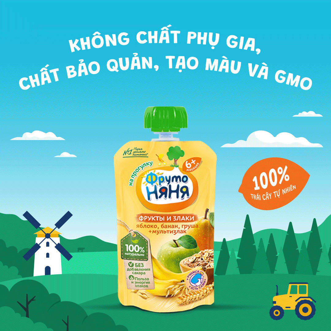 Thùng 12 Gói Trái cây nghiền vị táo, chuối, lê và ngũ cốc Fruto Nyanya 130g