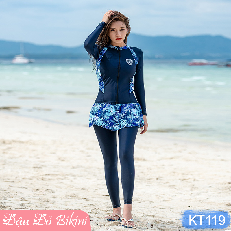 Đồ Bơi Đôi Big Size Dài Tay &amp; Quần Dài Chống Nắng 3-4 chi tiết, bộ bơi size đại có áo khóa kéo dễ mặc, cỡ lớn đến 125kg, thun lạnh Lycra dày mịn mát | BN119 &amp; KT119