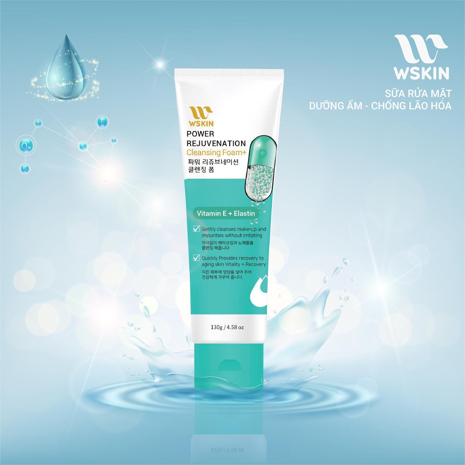 Sữa Rửa Mặt Trắng Da Chống Lão Hóa Wskin Power Rejuvenation Cleansing Foam Vitamin E + Elastin