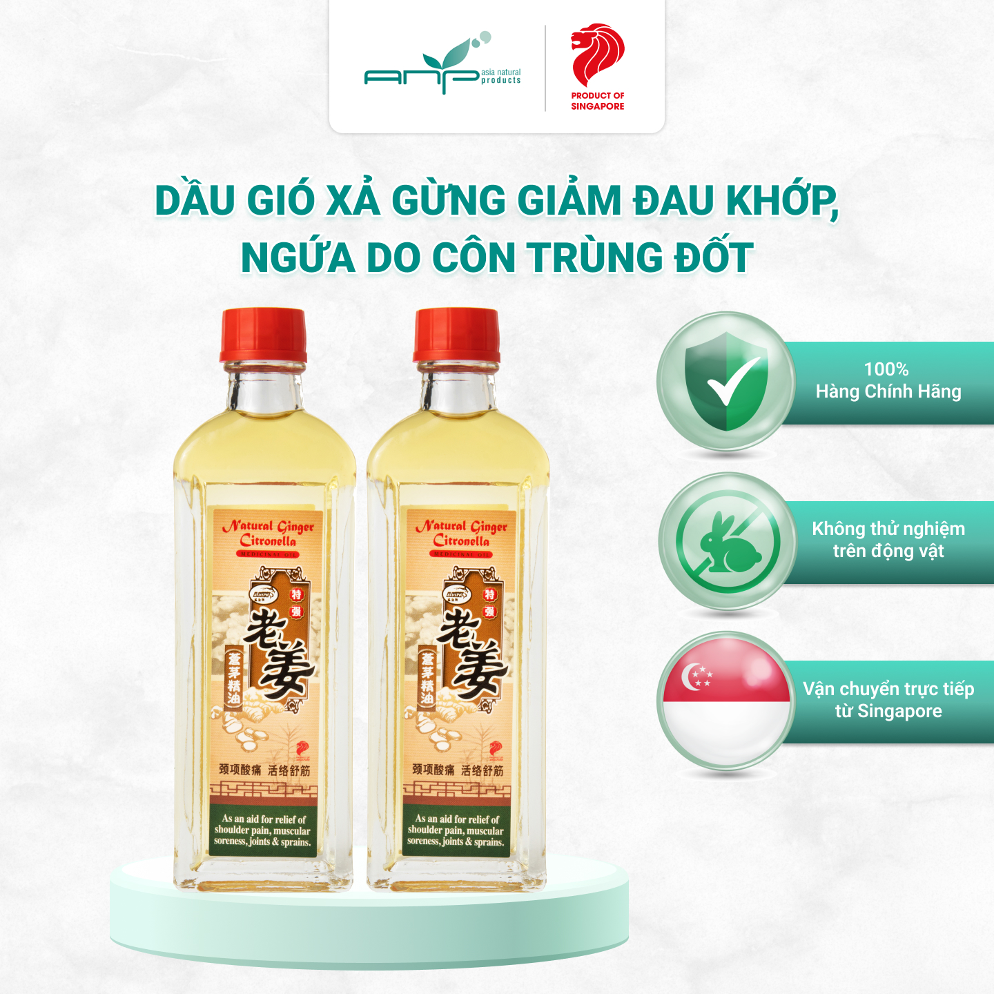 Combo 2 Dầu Gió Xả Gừng Giúp Giảm Đau Khớp Bong Gân Natural Ginger Citronella Thương Hiệu Singapore Giảm Ngứa Khi Bị Côn Trùng Cắn Muỗi Đốt 60ml