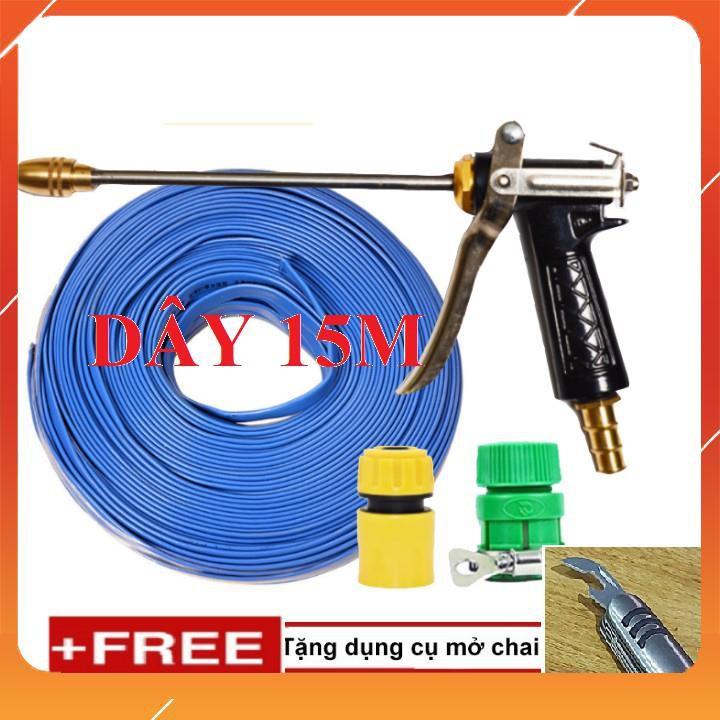 Bộ dây vòi xịt bơm nước tưới rửa , tăng áp 3 lần, loại 15m 206318 đầu đồng,cút+ mở chai