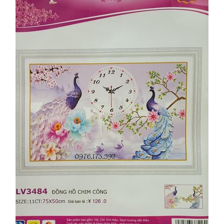 Tranh thêu chữ thập đồng hồ Chim công LV3484-75x50cm