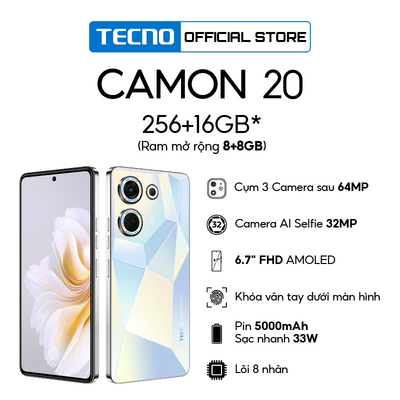 Điện thoại Tecno CAMON 20 8GB/256GB - Camera 64MP + 32MP | 5000 mAh | Sạc nhanh 33W | 6.7'' FHD AMOLED - BH 13 Tháng - Hàng Chính Hãng