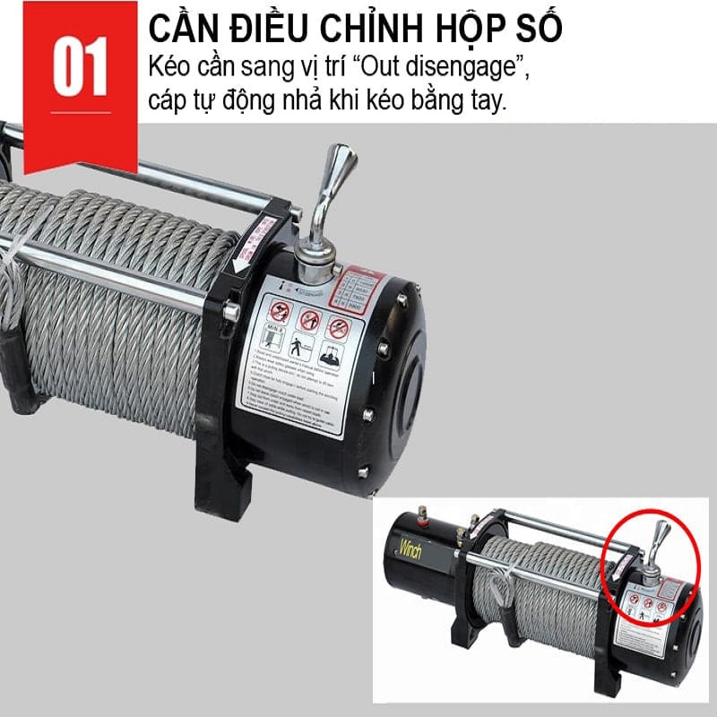 Tời điện kéo xe lực kéo 6000lbs tải trọng kéo 2600kg, cáp 5.5ly dài 15m, phanh cơ khí, động cơ 12V DC