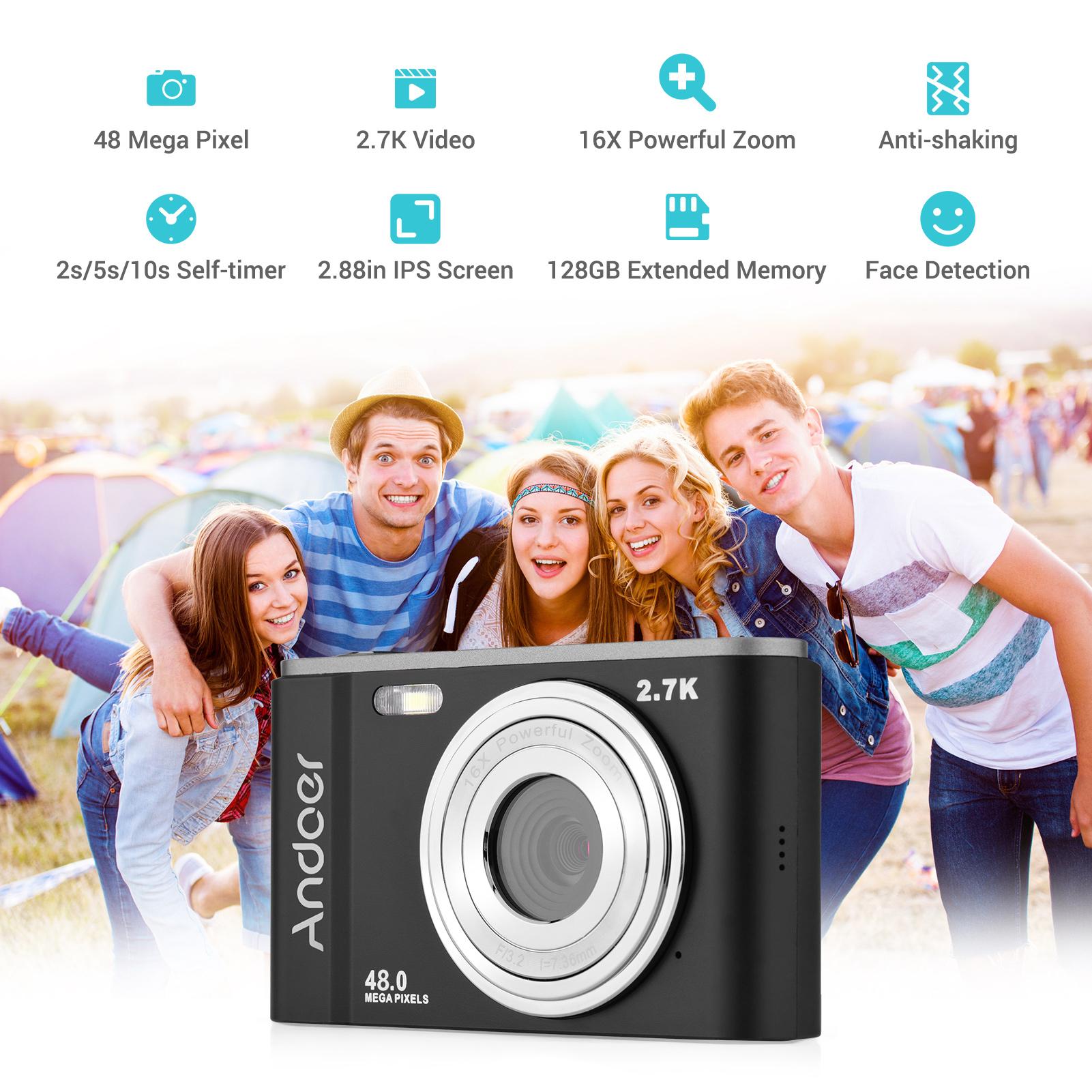 Máy ảnh kỹ thuật số Andoer Mini 48MP 2.7K 2,88 inch Màn hình IPS 16x Phóng to Phát hiện mặt tích hợp 2PCS Pin Dây đeo tay mang theo Túi mang theo