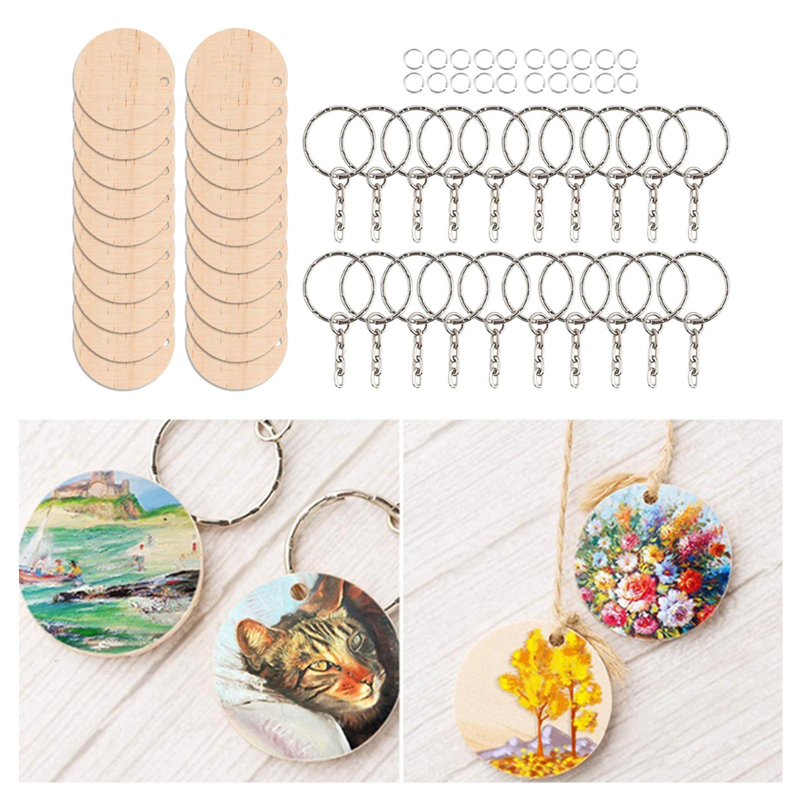 Wooden Keychain Blanks, Round Wooden Slices Pendant Charm Key Chains Blanks and Keychain Pendant Keyring for DIY Key Rings