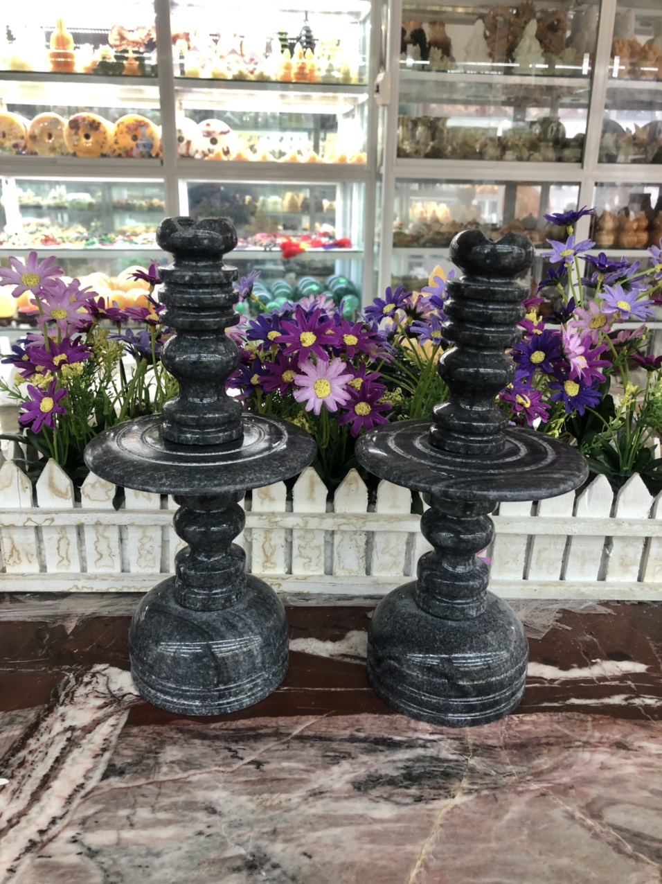 Cặp chân đèn trang trí bàn thờ đá cẩm thạch vân đen - Cao 25 cm, 30 cm và 40 cm