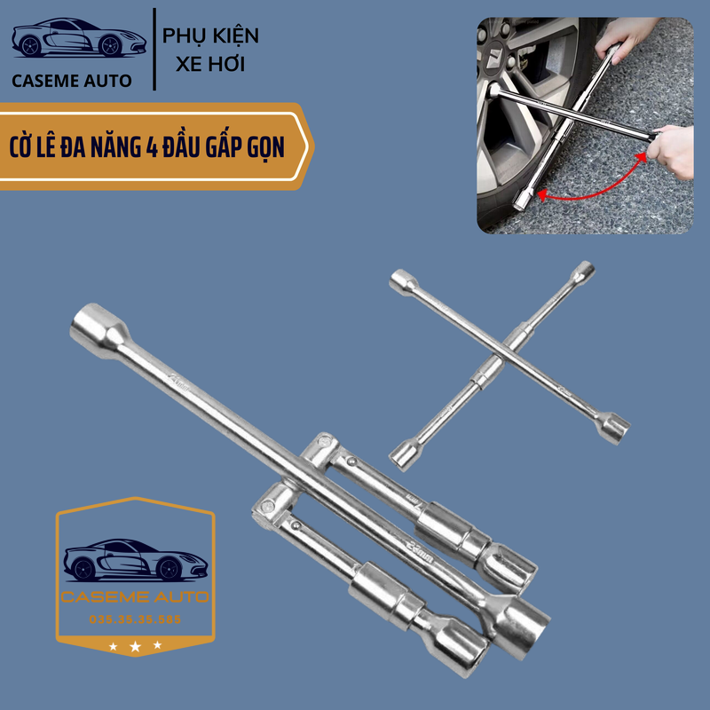 Bộ Cờ Lê 4 Đầu Thay Lốp Ô Tô Gấp Gọn - Tay Công Chữ Thập Đa Năng Thép Carbon Siêu Cứng (17-19-21-23mm) - Hàng Chính Hãng