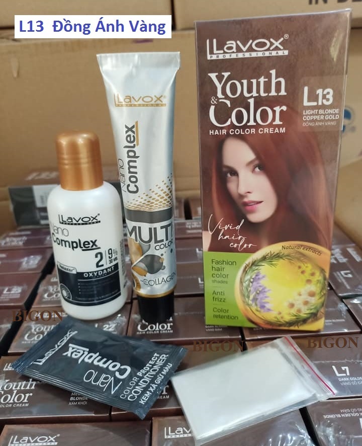 Đồng Ánh Vàng - Combo 2 Kem Nhuộm Tóc Màu Thời Trang Lavox Youth&amp;Color L13 Đồng Ánh Vàng + L24 Nâng Tông Màu (Sử Dụng Màu L24 Để Nâng Tông Màu Tóc Trước Khi Nhuộm Màu L13 Đồng Ánh Vàng)