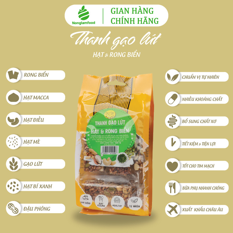 Thanh gạo lứt hạt và rong biển Gabri Nonglamfood túi 7 thanh | Ăn chay, hỗ trợ giảm cân ăn kiêng
