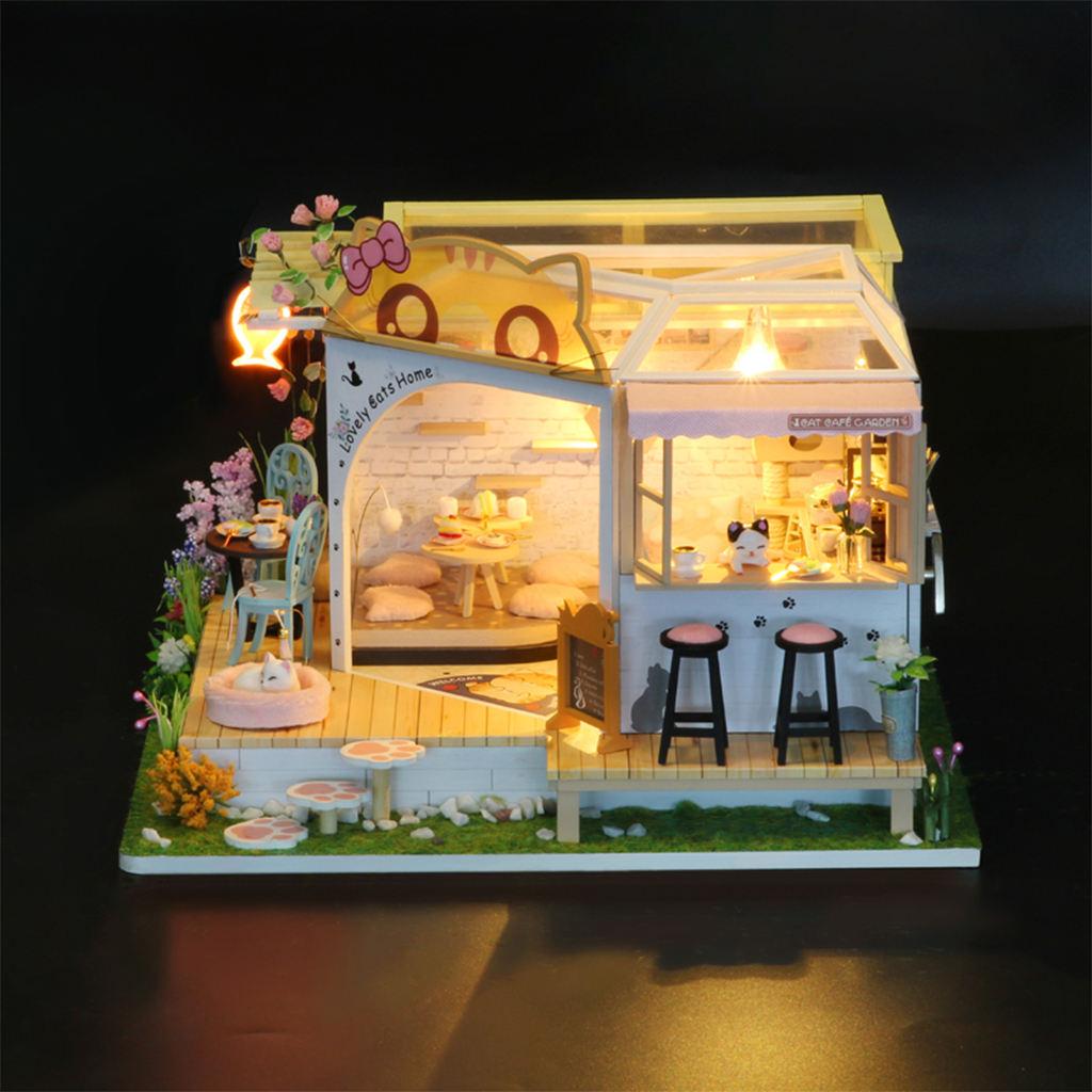 DIY Creative Dollhouse Cat Coffee Shop Kit LED Light Wooden 3D Puzzles