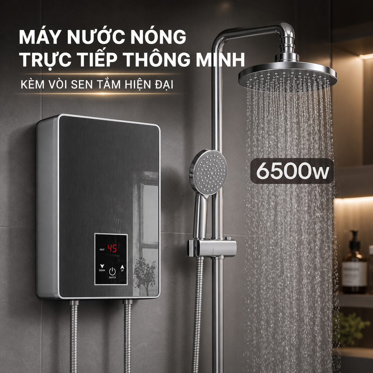 Máy Tắm Nước Nóng Trực Tiếp Thông Minh Kèm Bộ Vòi Sen Hiện Đại Thiết Kế Sang Trọng Dễ Lắp Đặt