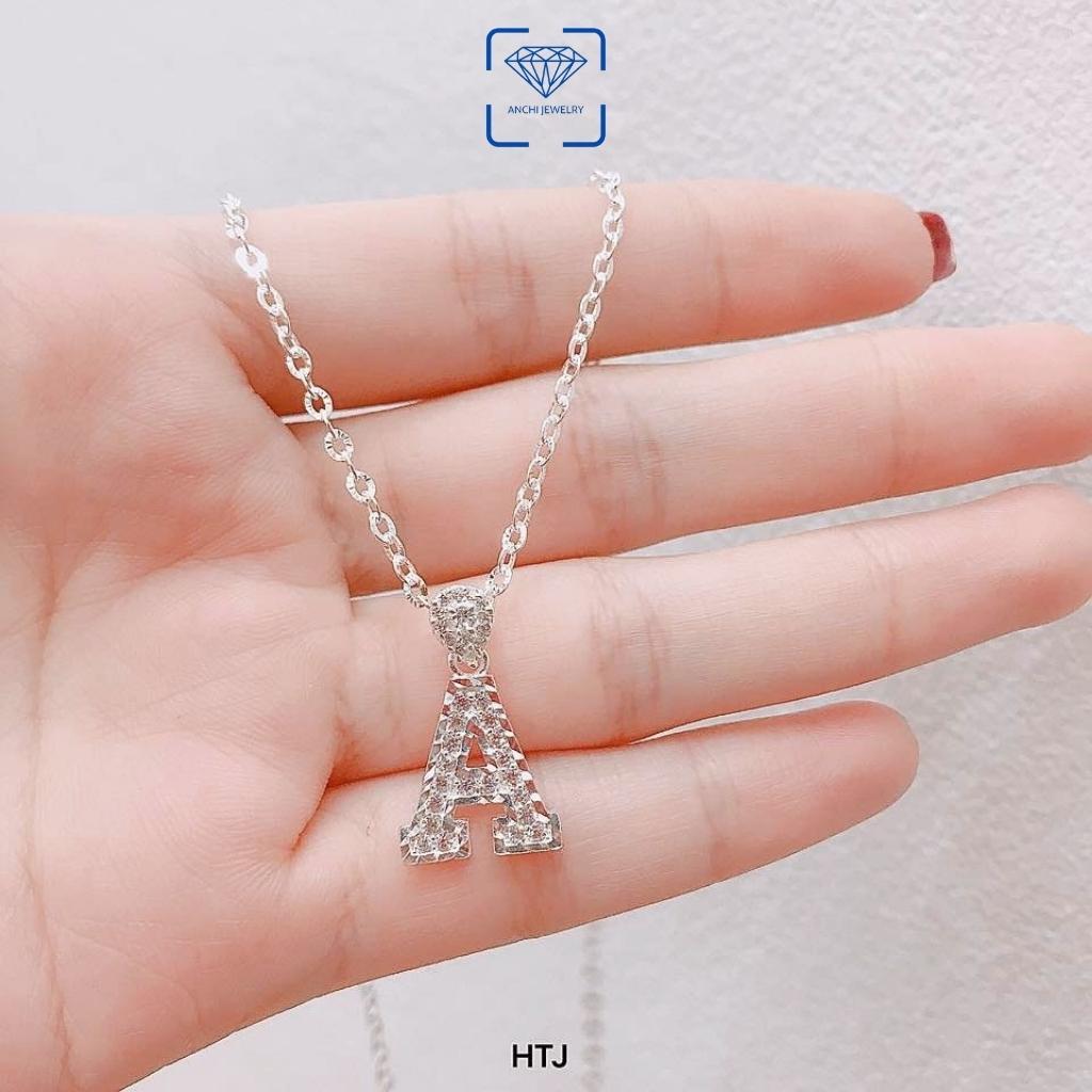 Mặt dây chuyền chữ cái bản to bạc đính đá, dây chuyền chữ,Anchi jewelry