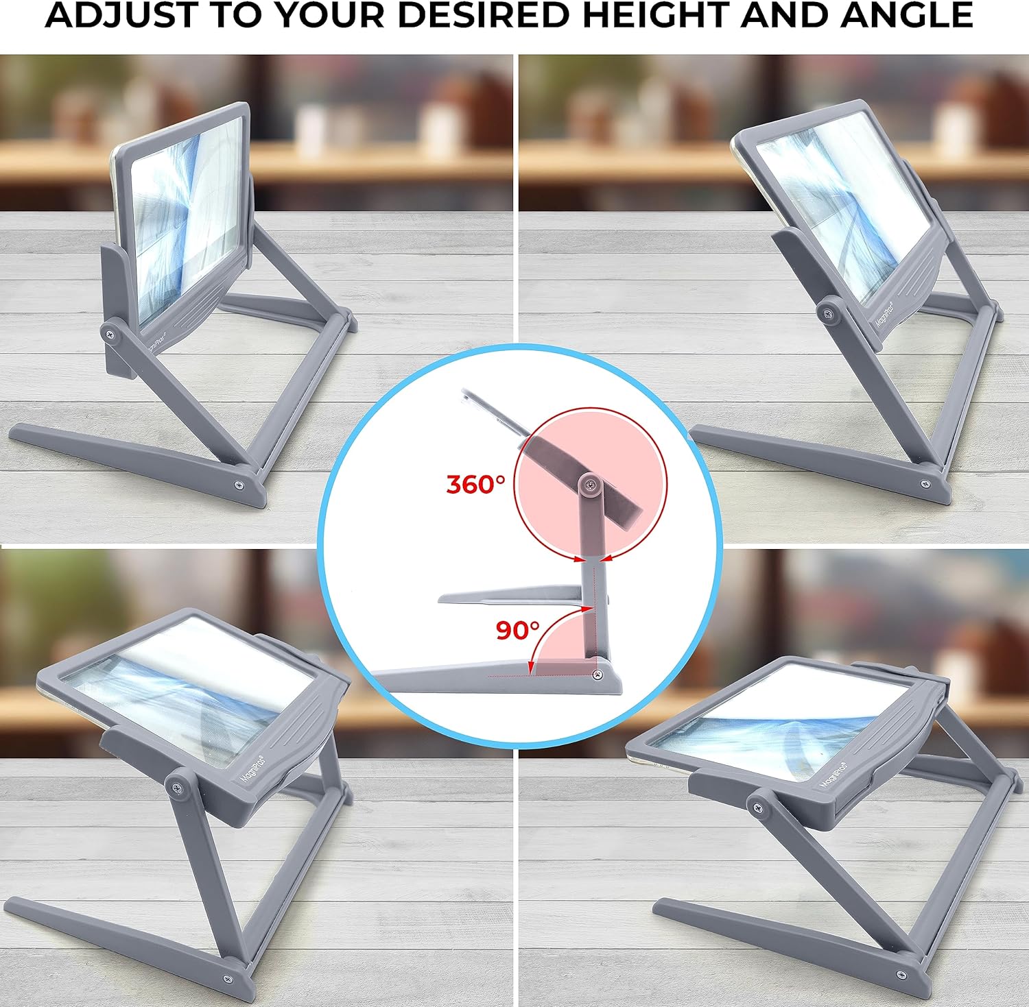 Kính lúp đọc sách cỡ lớn cao cấp Magnipros 1820GY+ST- FBA (5X, có đèn led 3 chế độ màu vô cấp để giảm mỏi mắt, có khung đỡ) (Hàng chính hãng)