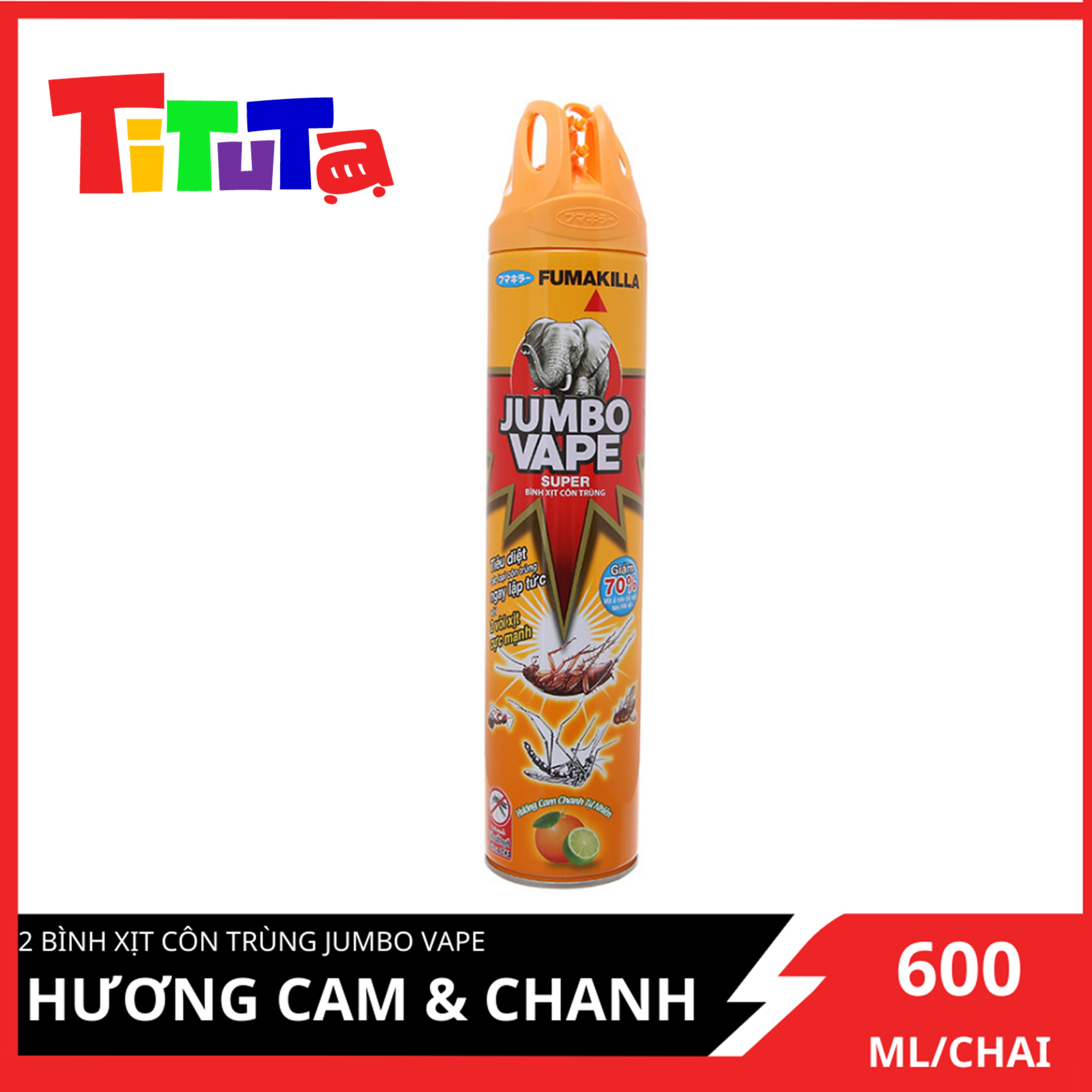 Bình Xịt Côn Trùng - Jumbo Vape - Multi - Insect Killer - Hương Cam Chanh Tự Nhiên (600ml) - 8934732201911