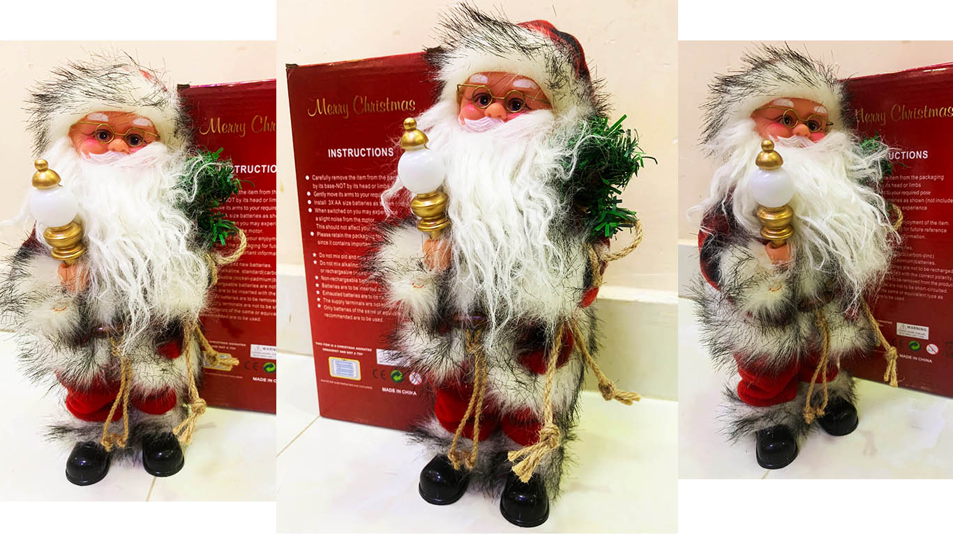 Hôp noel đeo giỏ quà cầm đèn, khẩu trang nhảy múa có đèn nhạc giáng sinh vui nhộn