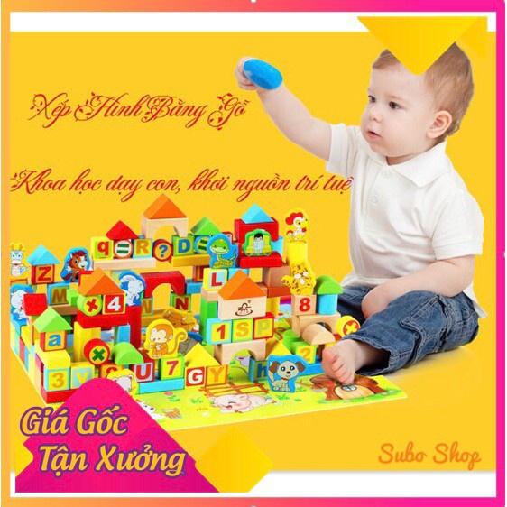 Đồ chơi xếp hình khối bằng gỗ cao cấp- bộ xếp hình gỗ 100 chi tiết đa dạng giúp bé phát triển tư duy