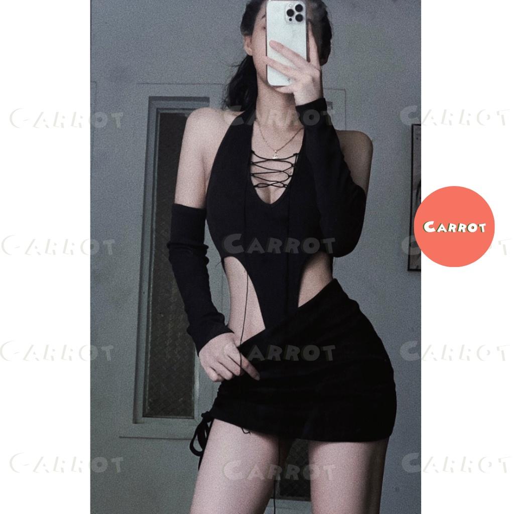 Set đồ nữ đi chơi sang chảnh áo croptop tay dài dây chéo chân váy ngắn đen rút dây tôn dáng ôm body carrotxinhdep