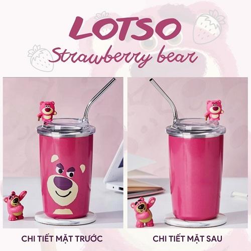 Ly Giữ Nhiệt Inox 304 Cao Cấp Họa Tiết Gấu Dâu Dễ Thương Lotso Tặng Kèm Ống Hút Tiện Lợi