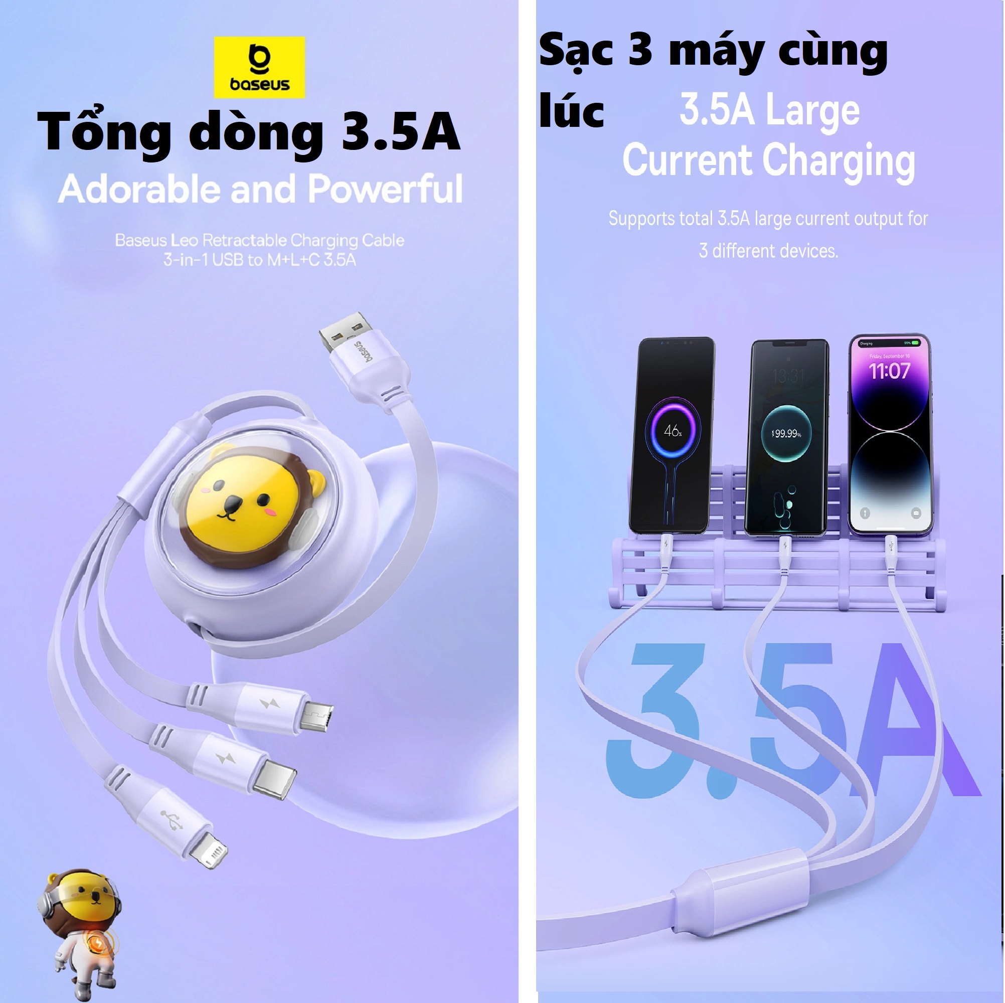 Cáp sạc dây rút đa năng 3 in 1 Usb ra 3 đầu 3.5A Baseus Leo CB000063 (1.1 mét) _ hàng chính hãng