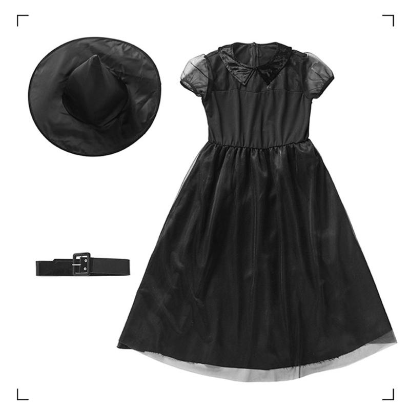 1 Bộ Trẻ Em Bé Gái Phù Thủy Trang Phục Hóa Trang Halloween Lưới Nữ Tay Ngắn Cổ Tích Đầm Nón Dây Lưng Găng Tay Đảng Vai Trò Chơi bộ Trang Phục