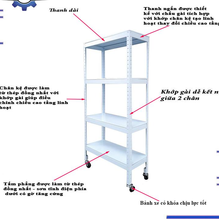 Kệ 4 tầng tấm thép có bánh xe trắng 76cm