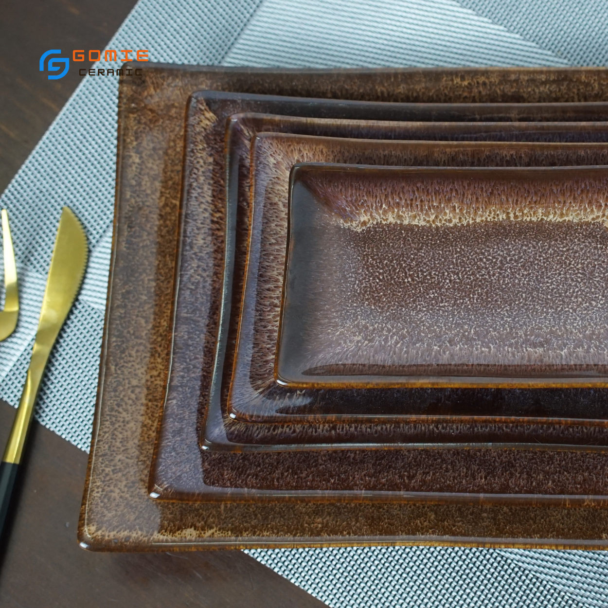 Khay chữ nhật chuyên dùng cho nhà hàng - men gấm nâu tuyết hỏa biến đẳng cấp ,sang trọng,sản phẩm by Gomie Ceramic