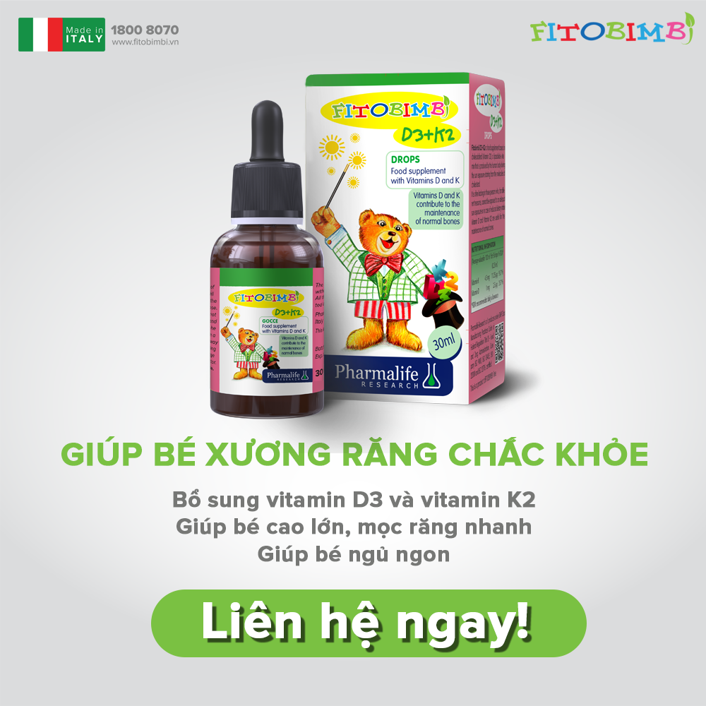 FITOBIMBI D3K2 - BỔ SUNG VITAMIN D3 VÀ K2 HỖ TRỢ CHUYỂN HÓA VÀ HẤP THU TỐI ĐA CANXI VÀO XƯƠNG RĂNG GIÚP GIẢM NGUY CƠ CÒI XƯƠNG Ở TRẺ