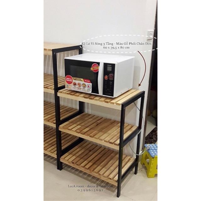 KỆ ĐỂ LÒ VI SÓNG 3 TẦNG KIỂU HÀN QUỐC - MÀU ĐEN PHỐI GỖ