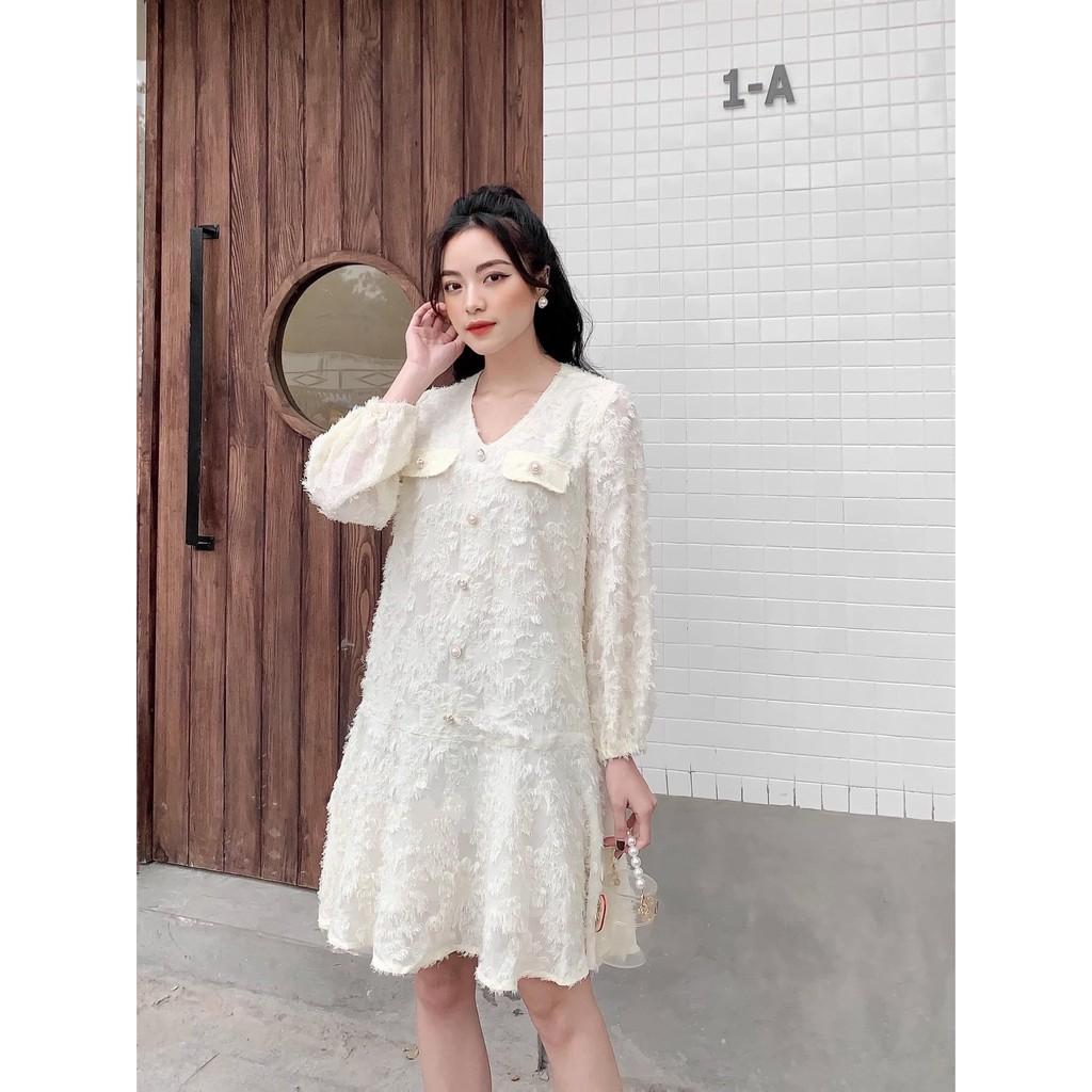 Váy suông voan 2 lớp phủ lông, cổ V, túi nắp, đầm xuông rộng đuôi cá, tay dài bo phồng 2 màu mã V88 - Michi's House