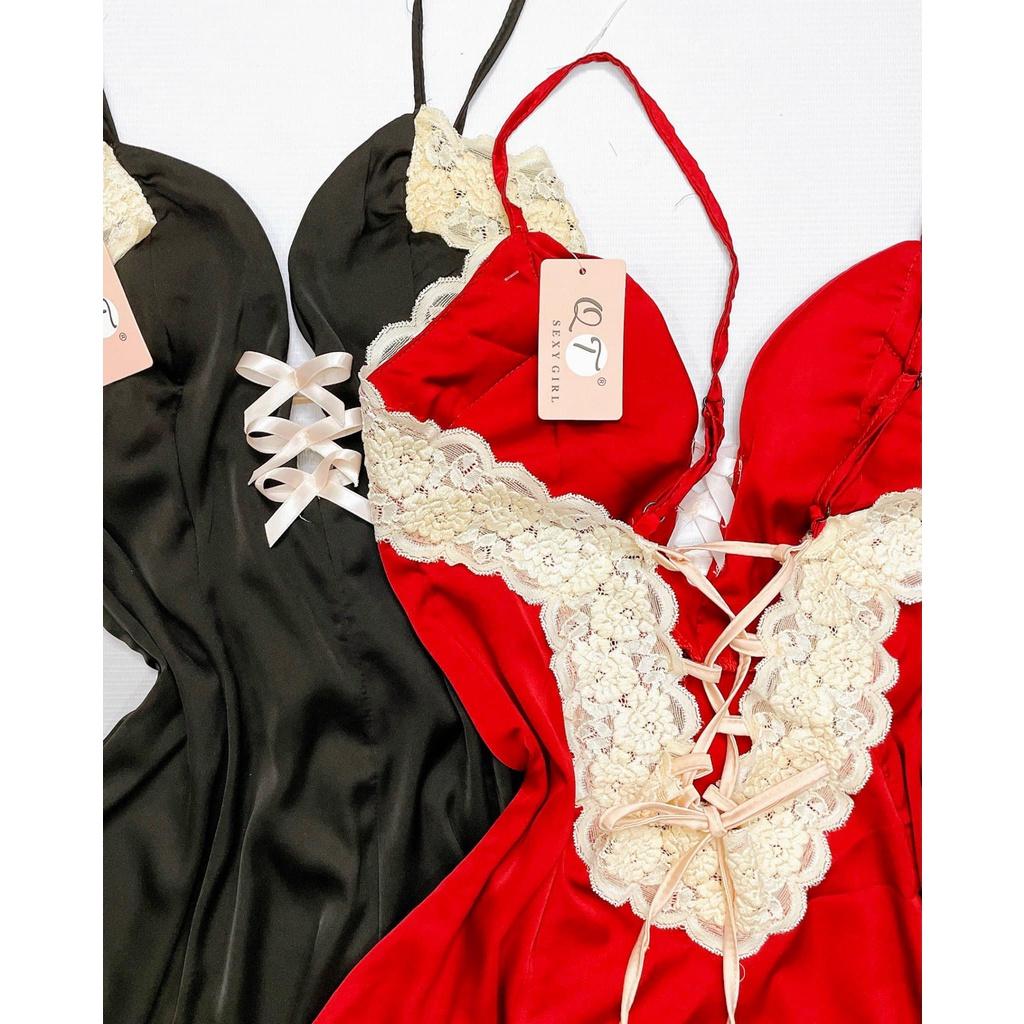Váy ngủ 2 dây gợi cảm - Đầm ngủ sexy phối ren kèm quần dây thắt nơ trước ngực