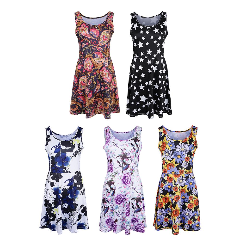 Women Floral Dress Summer Sleeveless Round Neck Casual Flared Midi Dress