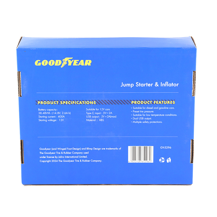 Bộ Kích Bình 400A Kiêm Bơm Lốp Xe GOODYEAR GY-5296 Đa Chức Năng Sạc Dự Phòng 10400mAh Đèn LED Khẩn Cấp - Nhập Khẩu Chính Hãng