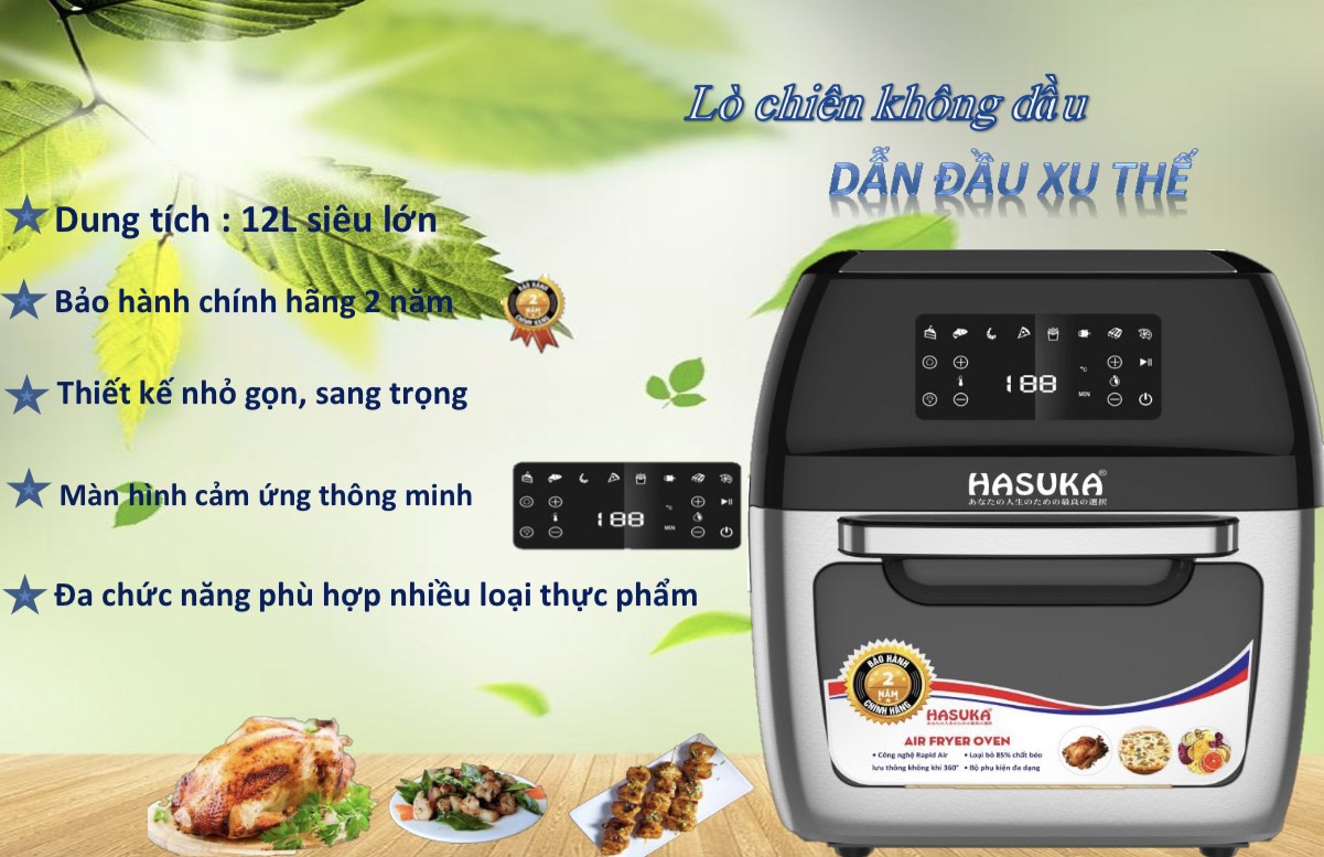 Nồi Chiên Không Dầu, Sấy Hoa Quả Đa năng 12L Cao Cấp - Đủ bộ Phụ kiện - Hasuka HSK359 1700W - Hàng Chính Hãng