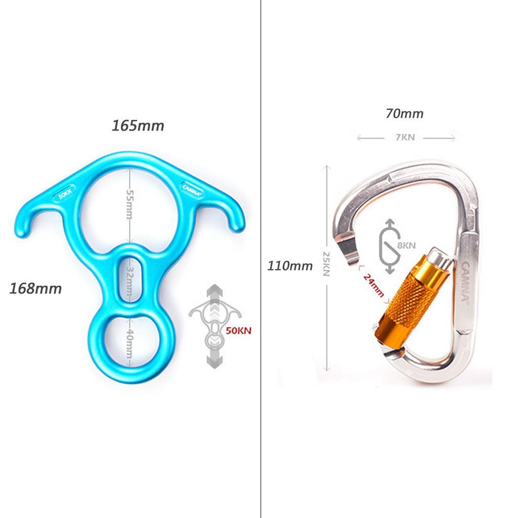 50KN Safety Figure 8 Descender Belay Device + 25KN D-Shape Carabiner Hook for Outdoor Rock Climbing