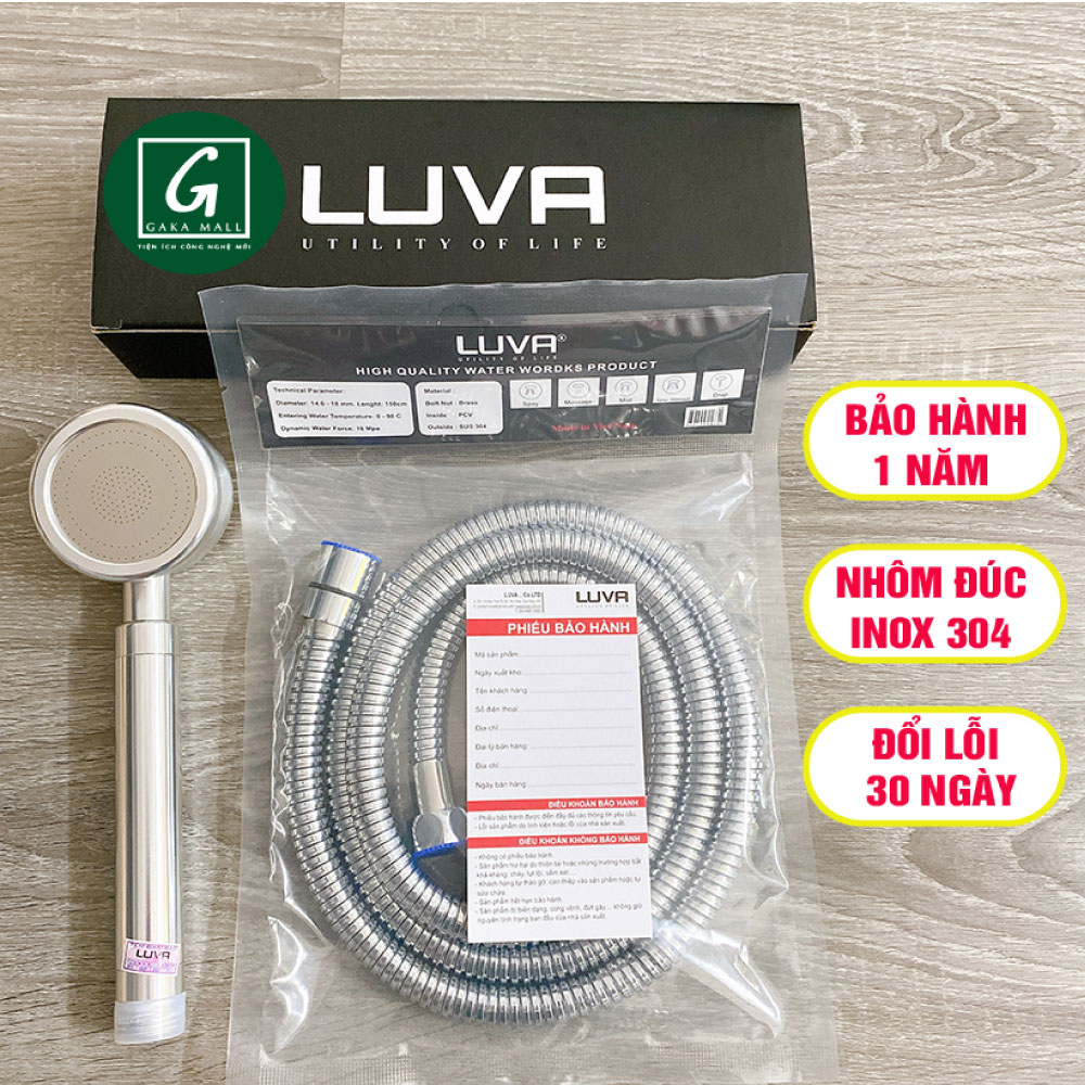 Combo vòi hoa sen Luva VS3 kèm dây sen Luva dài 1.5m, lõi đồng, inox 304, BH 1 năm đổi lỗi 30 ngày