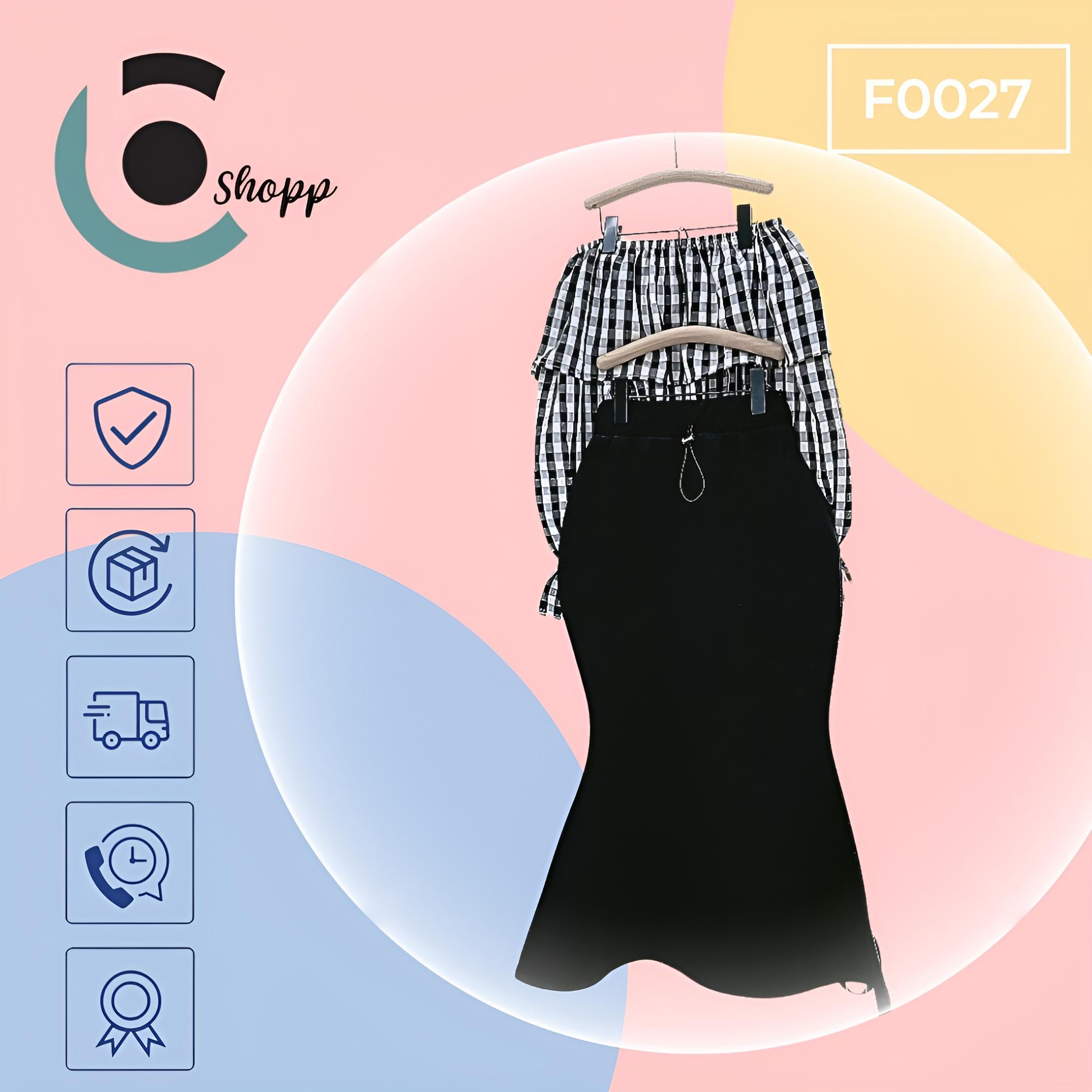 Set áo caro tay dài kèm chân váy đuôi cá cao cấp