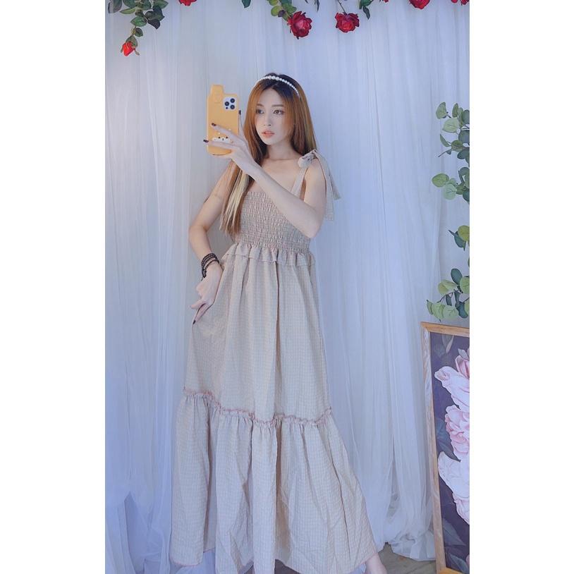 Đầm maxi nữ hai dây cột nơ caro siêu xinh dạo phố du lịch bầu bì bon chen kèm hình thật bao đẹp htd8740