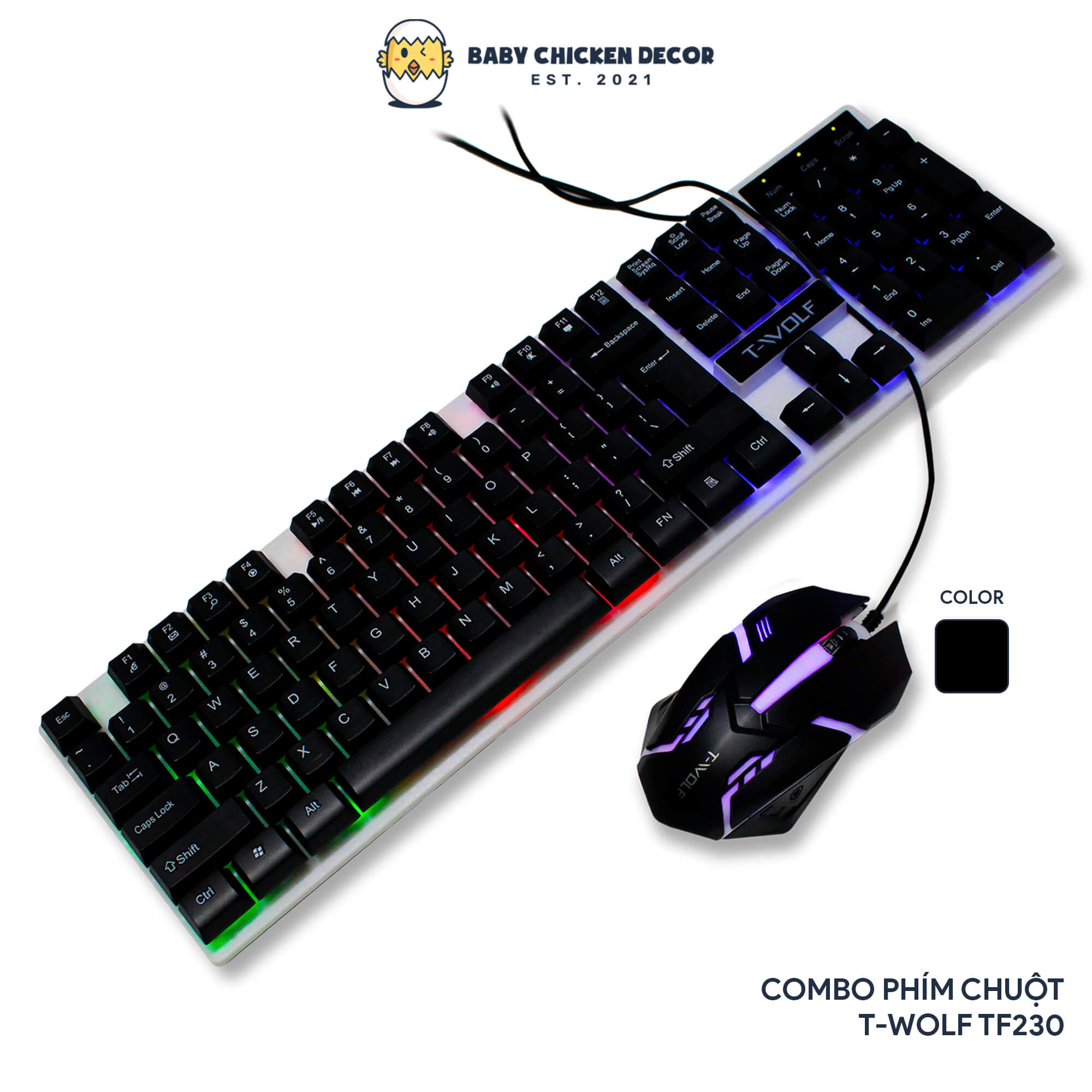 Bàn phím giả cơ kèm chuột gaming T-WOLF 230, bàn phím máy tính kháng nước có đèn led 7 màu - Hàng Chính Hãng