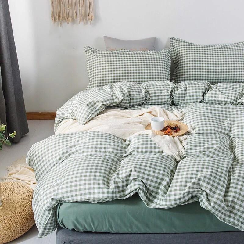 Bộ Chăn Ga Gối Cotton Poly Caro Nhỏ Xanh Lá
