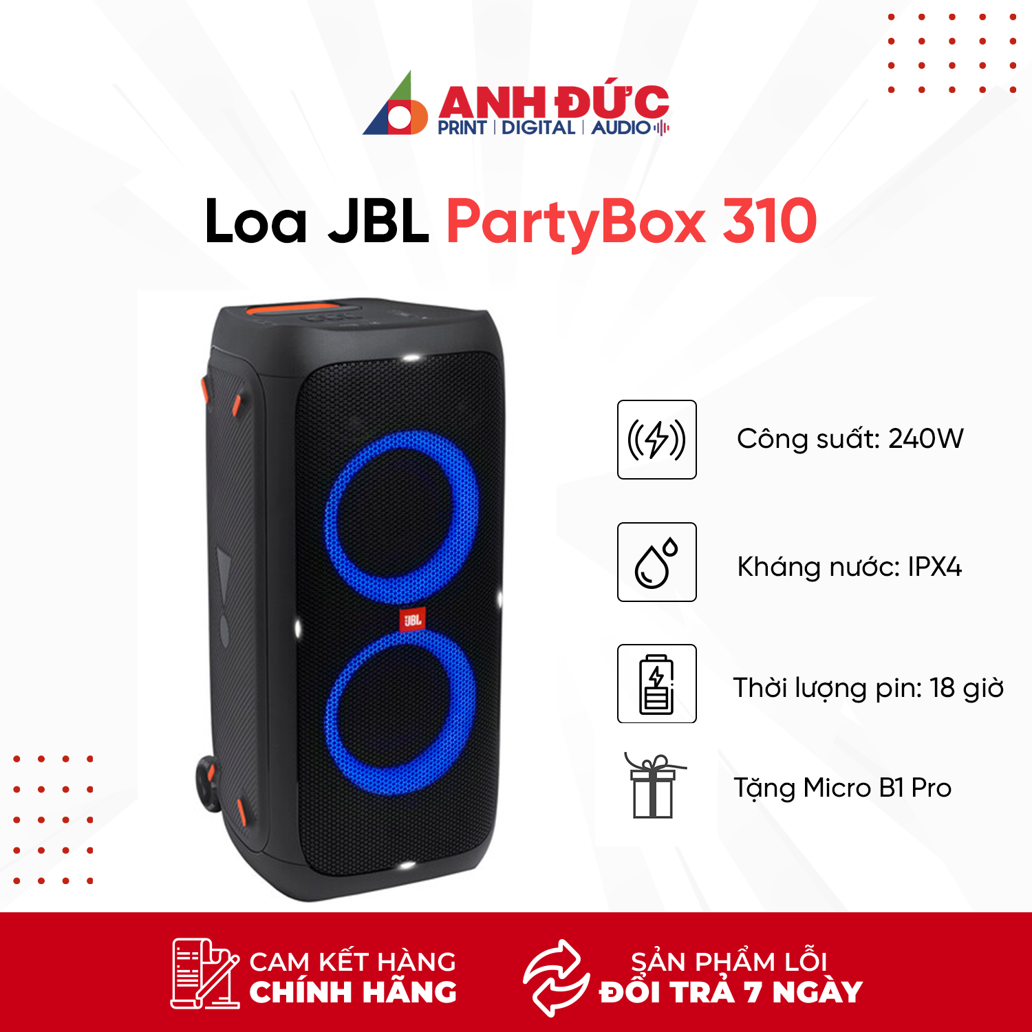 Loa JBL PartyBox 310 (Công suất 240W, Pin 18h) - Hàng Chính Hãng