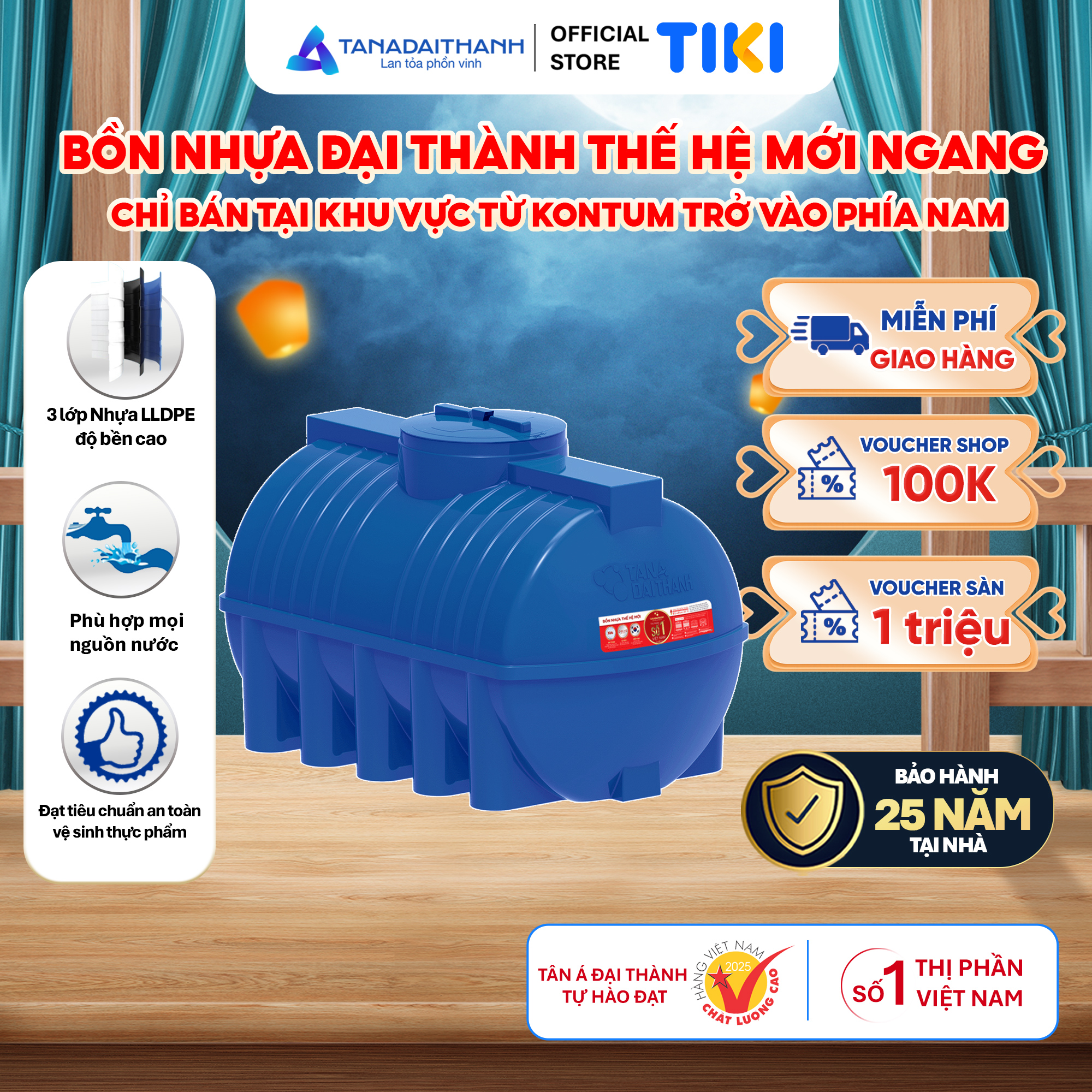 Bồn nước nhựa Đại Thành Thế Hệ Mới Ngang 500L 1000L 1500L 2000L - Hàng chính hãng, bảo hành 25 năm (Chỉ bán tại khu vực miền Nam)