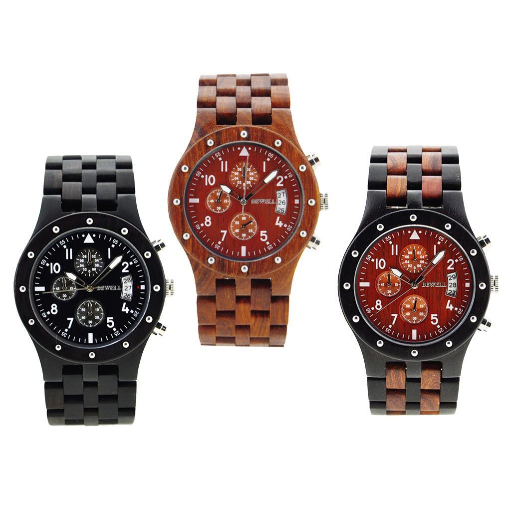 Bewell Sub-dials Wooden Watch Quartz Analog Movement Date Wristwatch