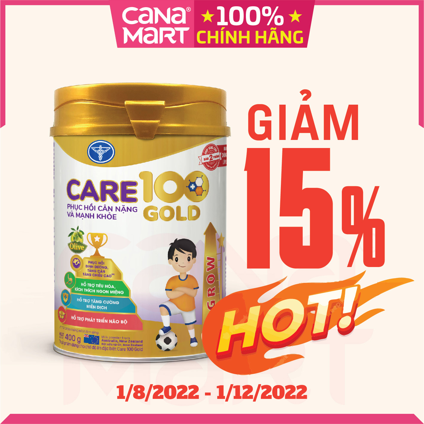 Sữa bột tốt cho bé Care 100 GOLD dành cho trẻ thấp còi, biếng ăn